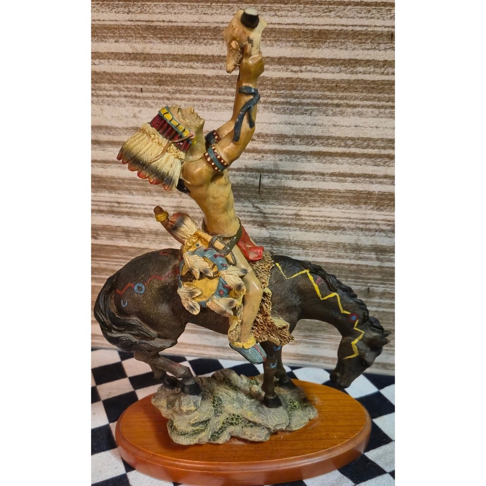 Native American Warrior on Horse Buffalo Skull Resin Statue Wooden Base RA9047